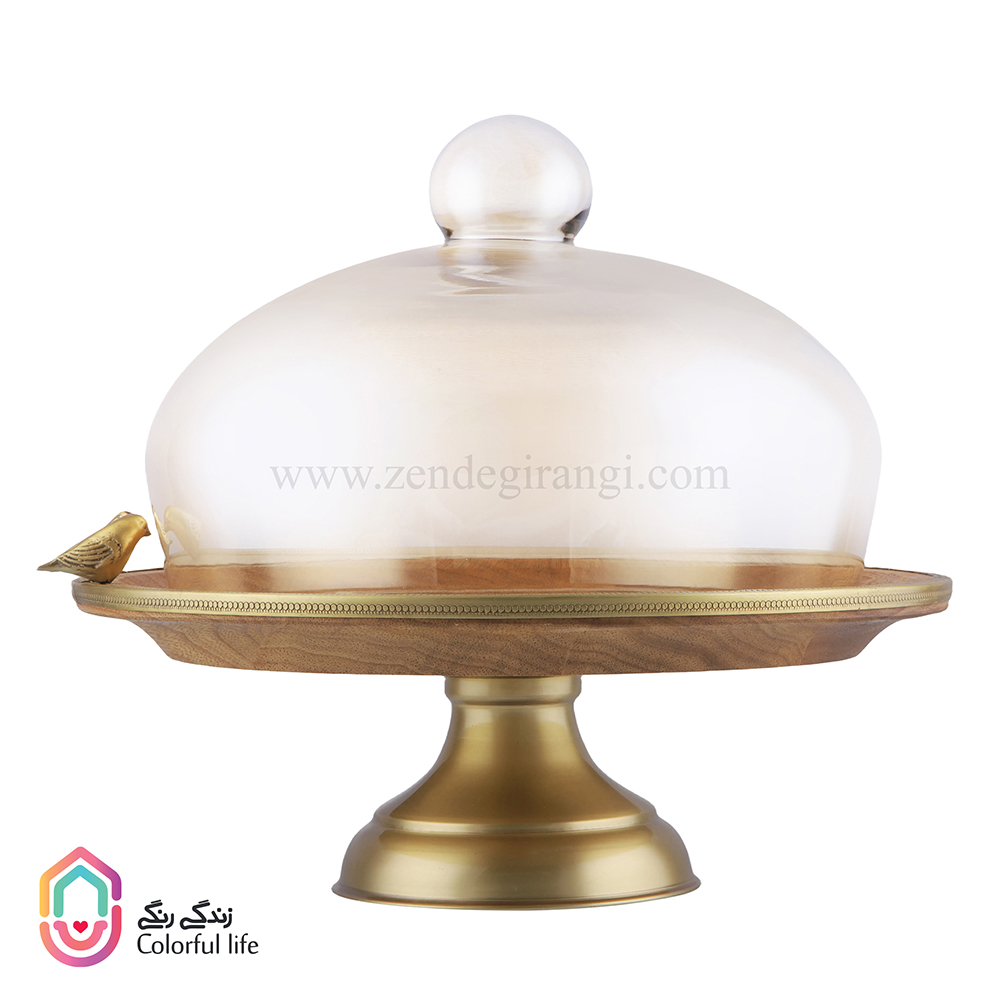 IMG_4180 ظرف کیک استند چوبی-برنجی با درب شیشه ای گلدکیش - Image 1